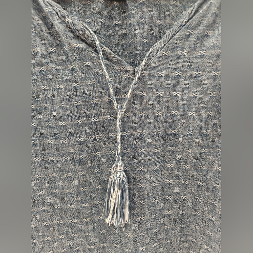 Roots Blue Textured Tunic Dress Long Sleeve With Tassel Linen Blend Size M - Picture 6 of 7